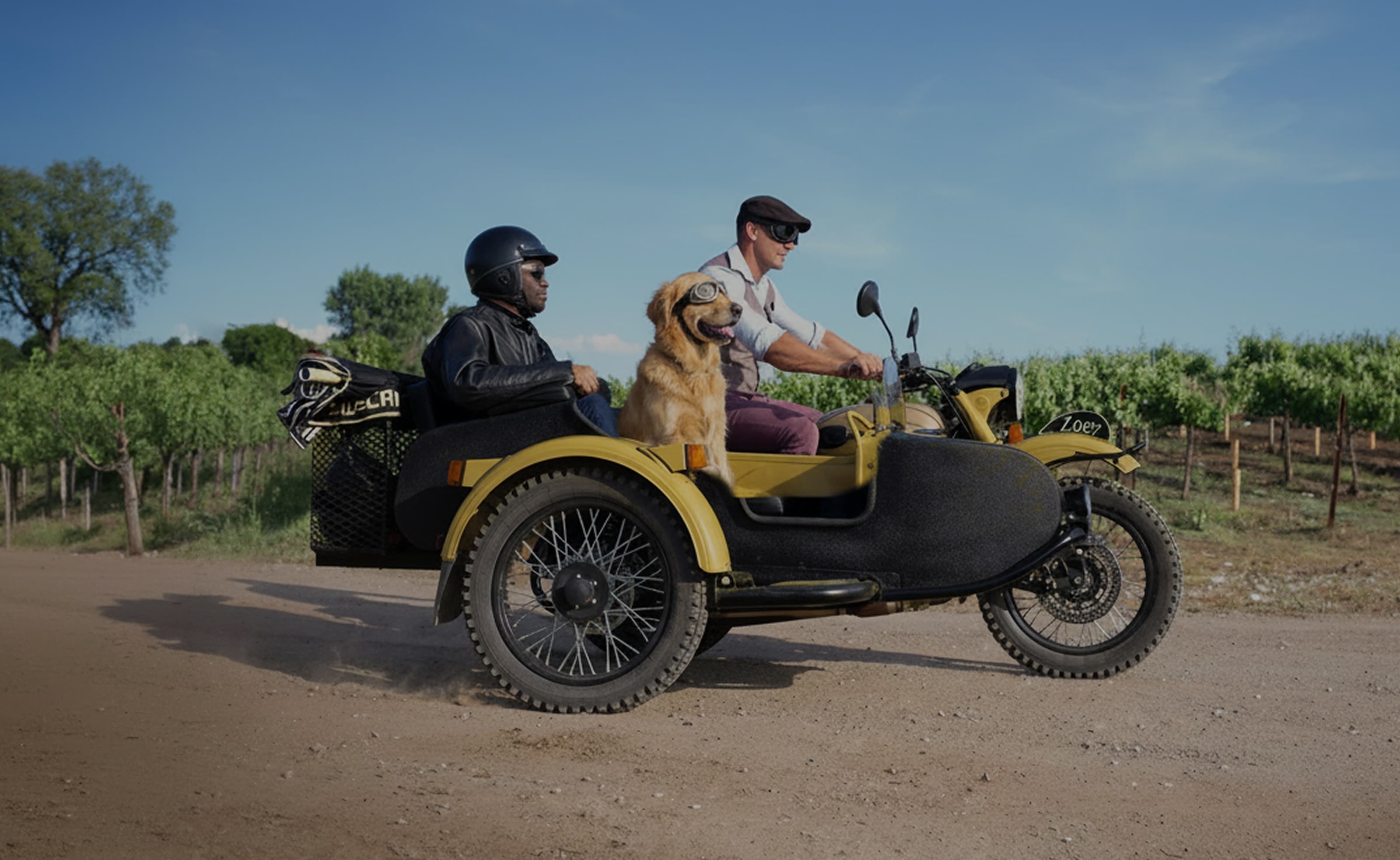 Motorcycle with sidecar driving through California